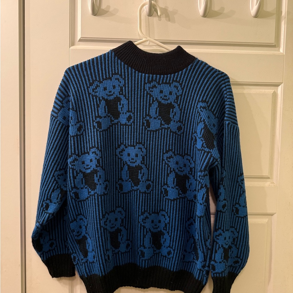Vintage Knit Blue‎ and Black Teddy Bear Sweater Size Large